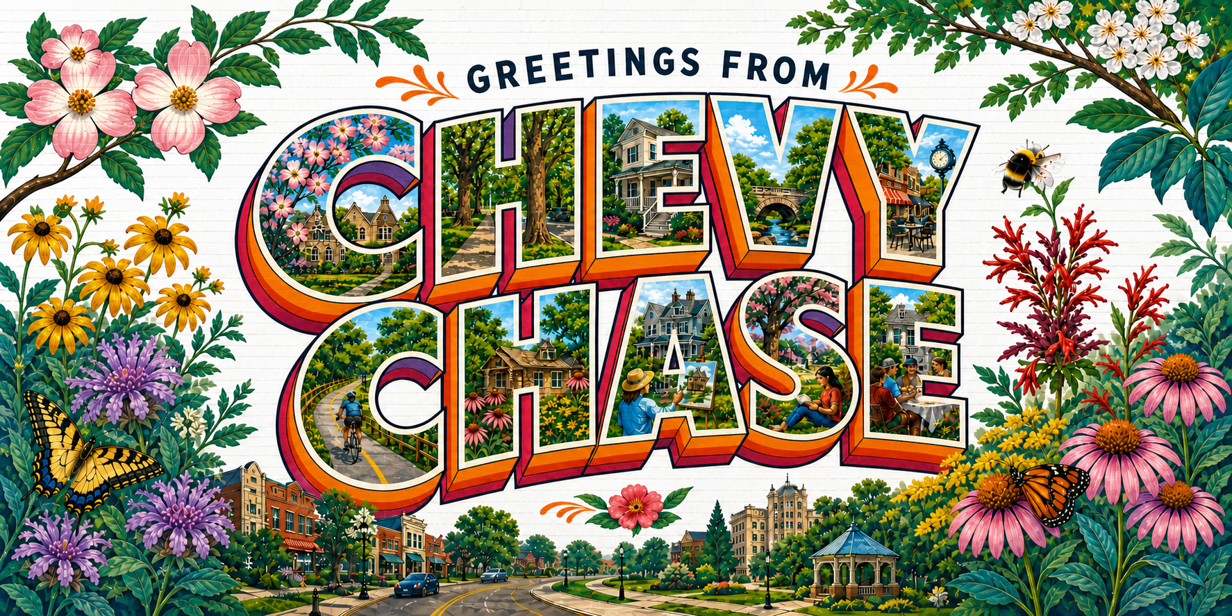An illustrated Greetings from Chevy Chase mural filled with neighborhood scenes and native flowers